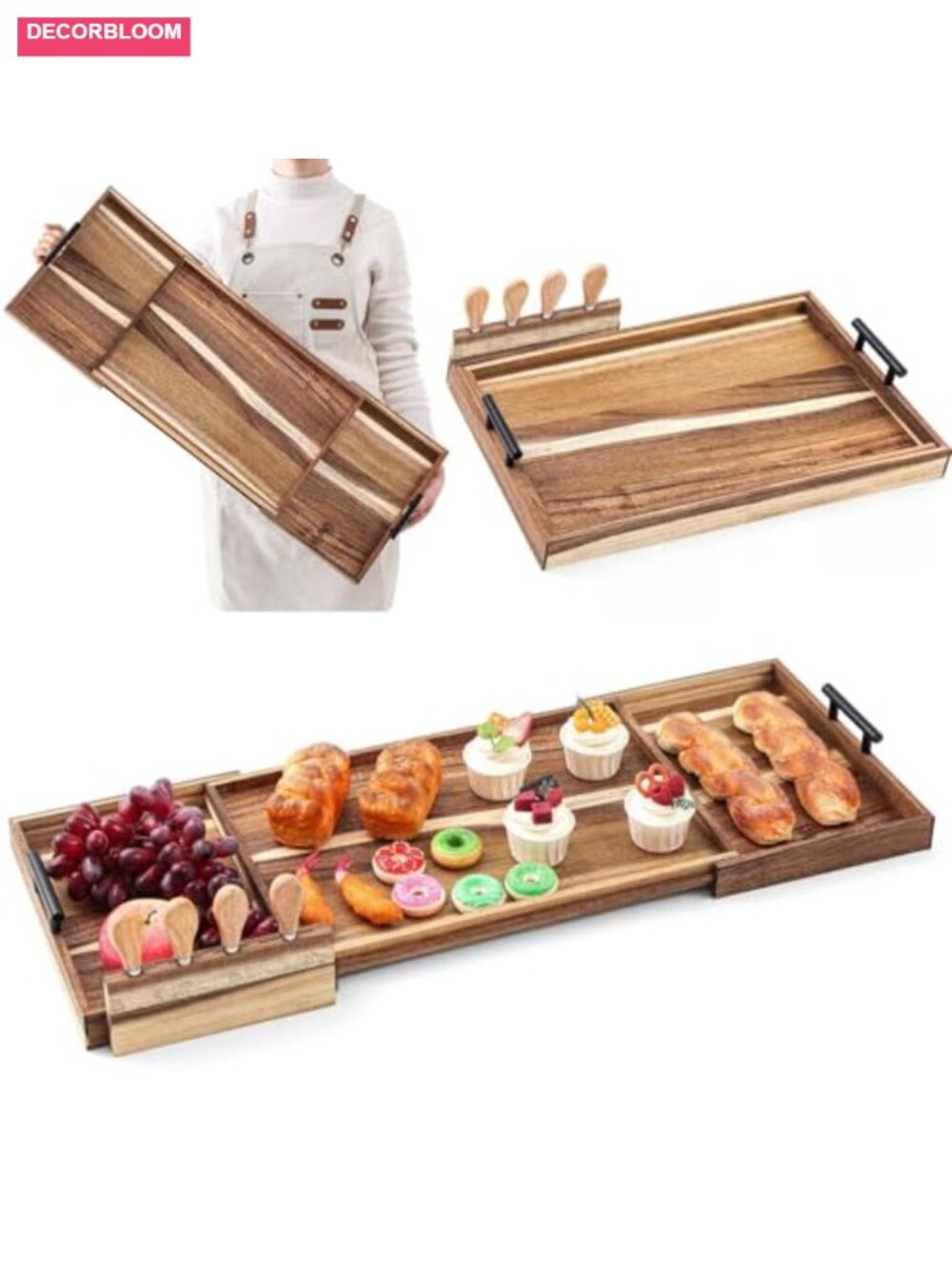 Acacia Wood Charcuterie Board Expandable Serving Tray with Knives